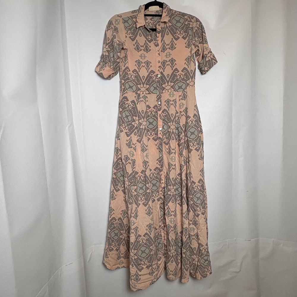 Bombay Paisley XS Shirt Maxi Dress‎ Peach Gray Print Bohemian Casual Boho Artsy